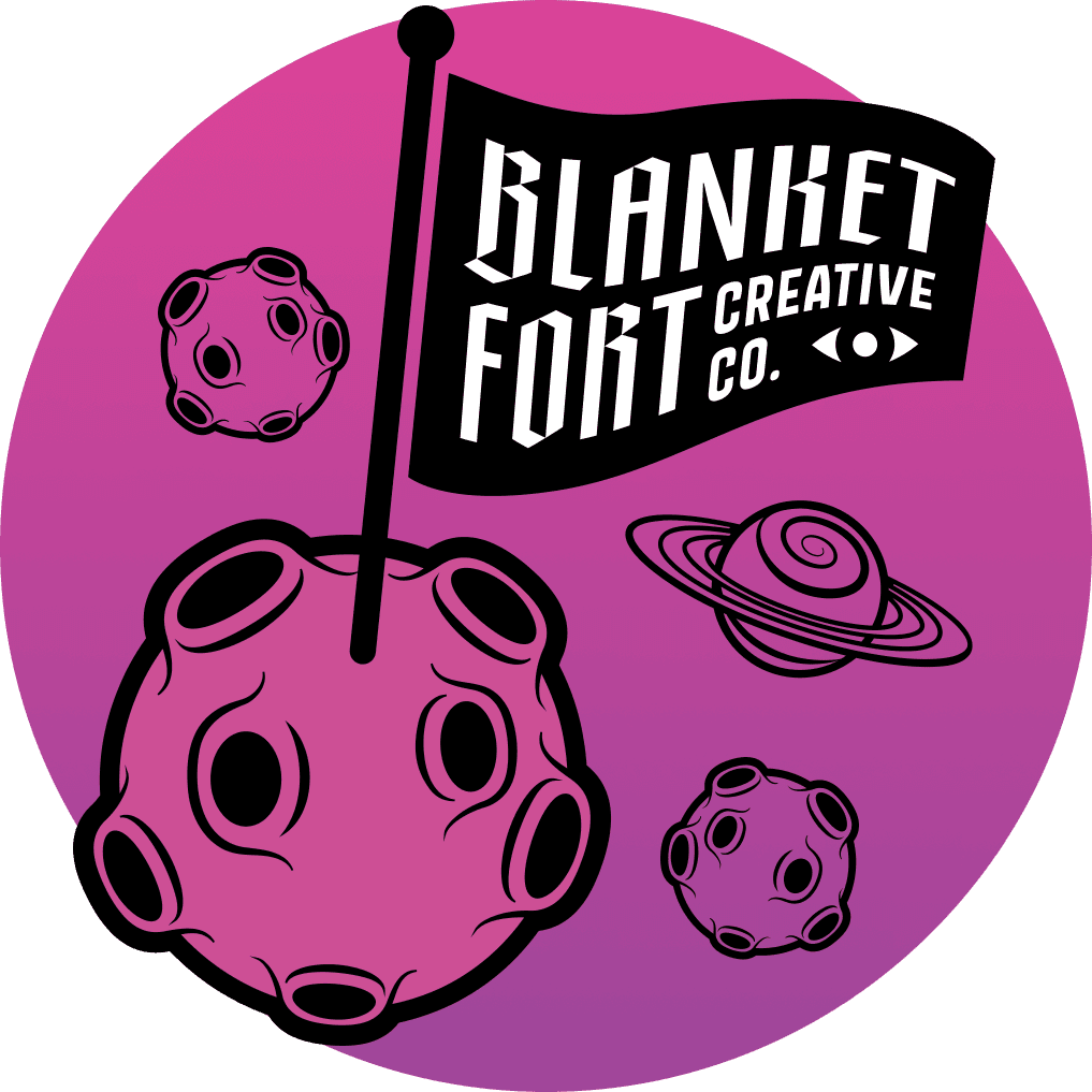 Space-themed illustration with planets and Blanket Fort Creative flag