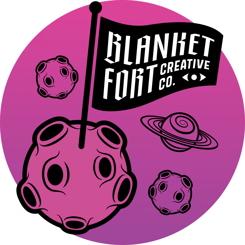 Space-themed illustration with planets and Blanket Fort Creative flag